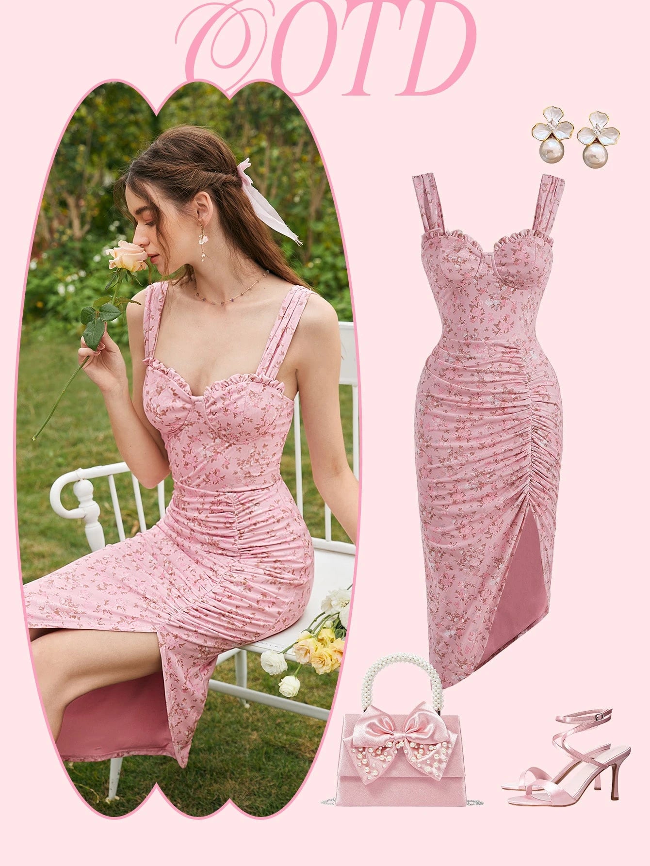 MOD Ditsy Floral Print Ruched Split Thigh Cami Pink Floral Lotus Leaf Breast Cup Dress
