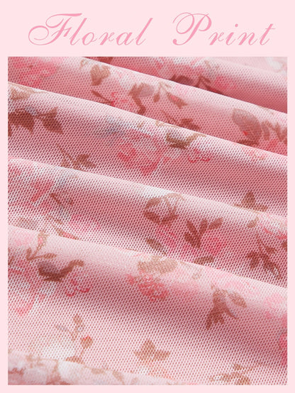 MOD Ditsy Floral Print Ruched Split Thigh Cami Pink Floral Lotus Leaf Breast Cup Dress