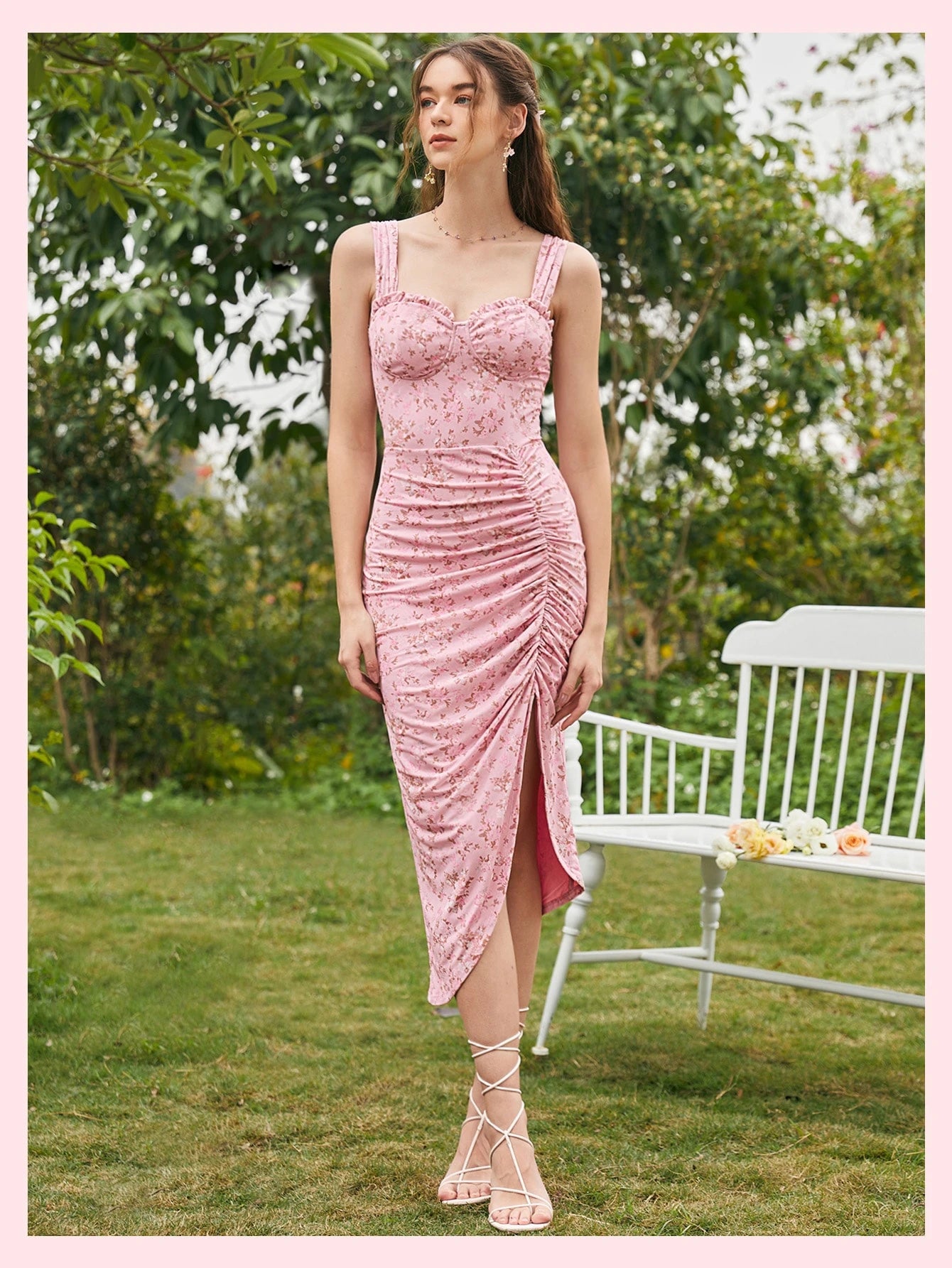MOD Ditsy Floral Print Ruched Split Thigh Cami Pink Floral Lotus Leaf Breast Cup Dress