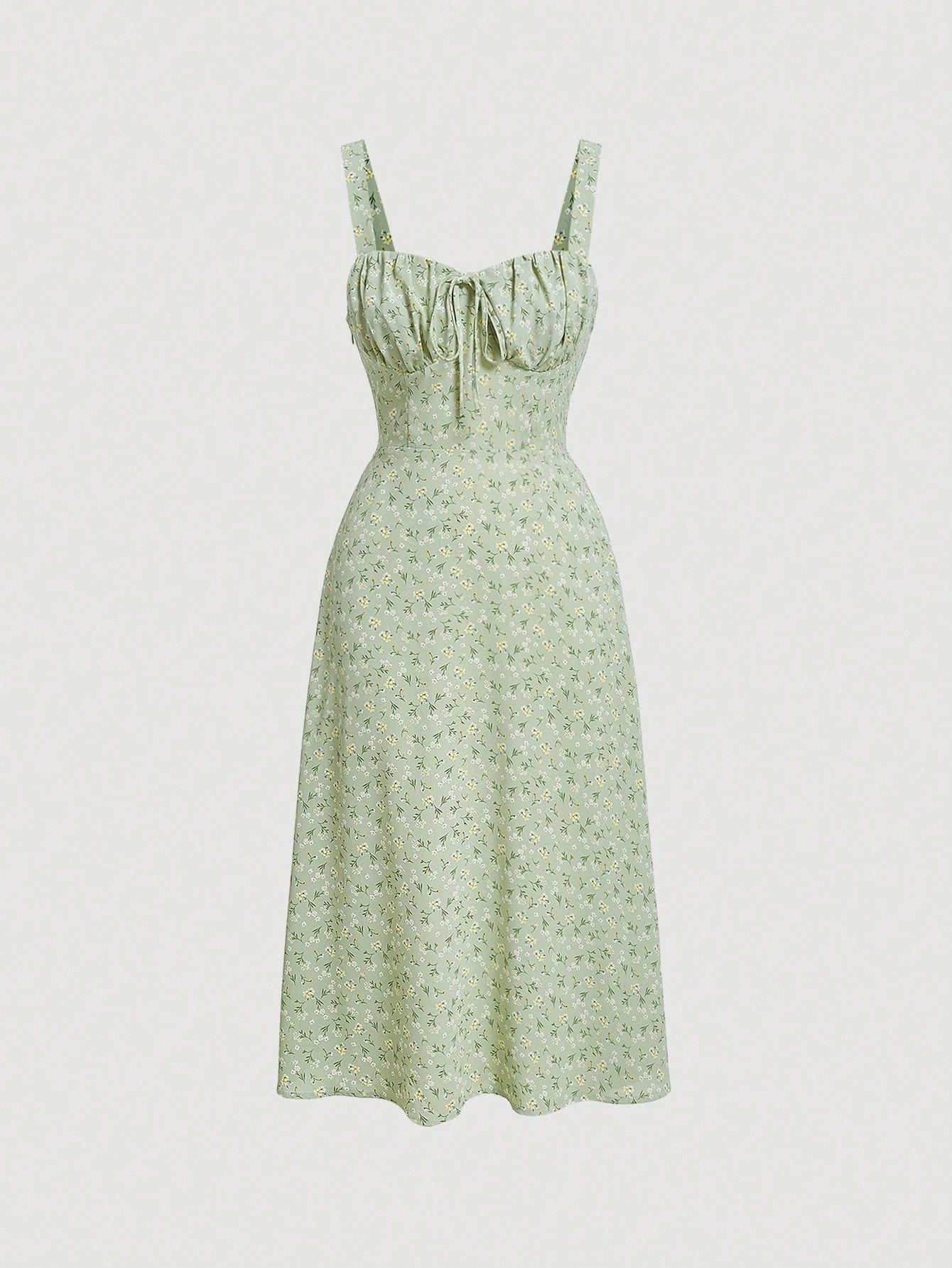 MOD Ditsy Floral Print Tie Front Ruched Bust Valentine Day Green Cami Dress,Summer Dresses For Women,Tea Party Dress,Pastel Dresses For Women