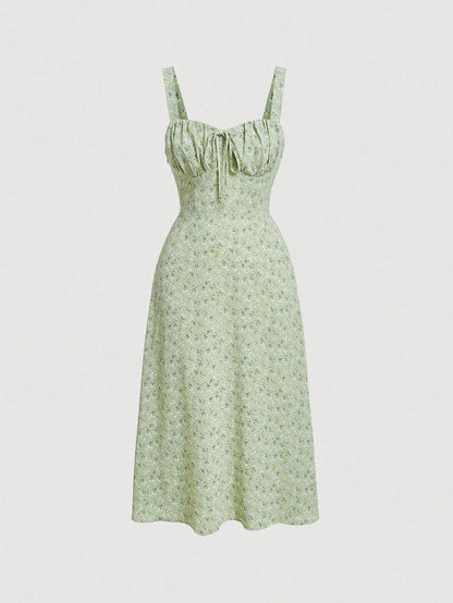MOD Ditsy Floral Print Tie Front Ruched Bust Valentine Day Green Cami Dress,Summer Dresses For Women,Tea Party Dress,Pastel Dresses For Women