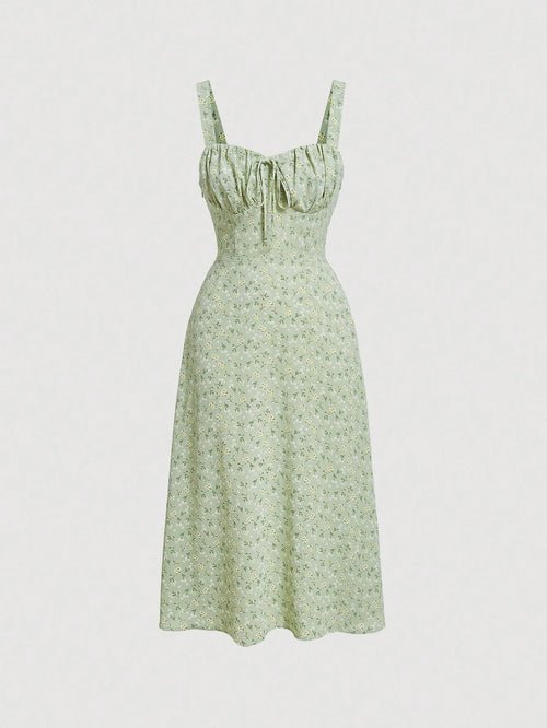 MOD Ditsy Floral Print Tie Front Ruched Bust Valentine Day Green Cami Dress,Summer Dresses For Women,Tea Party Dress,Pastel Dresses For Women