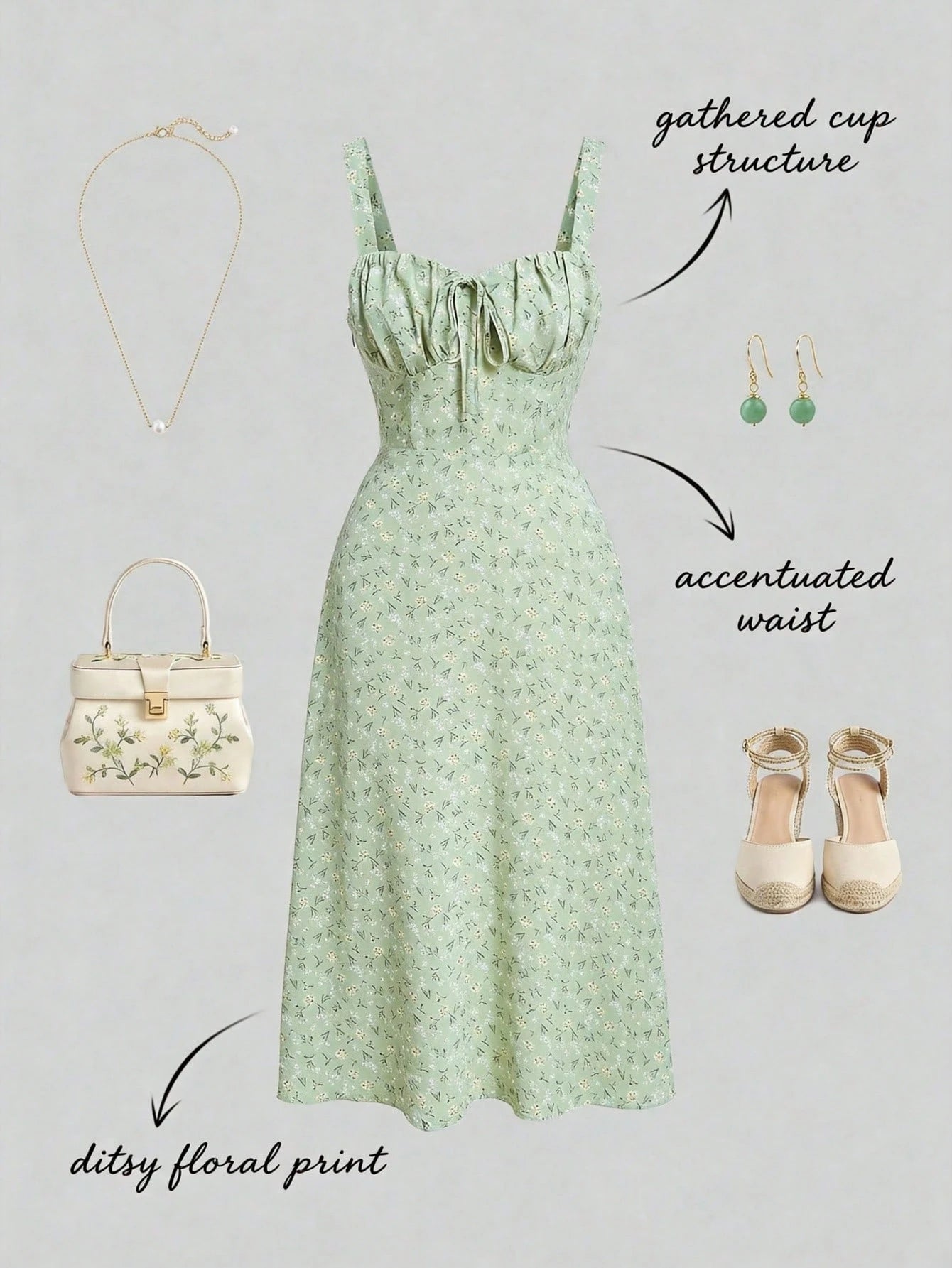 MOD Ditsy Floral Print Tie Front Ruched Bust Valentine Day Green Cami Dress,Summer Dresses For Women,Tea Party Dress,Pastel Dresses For Women
