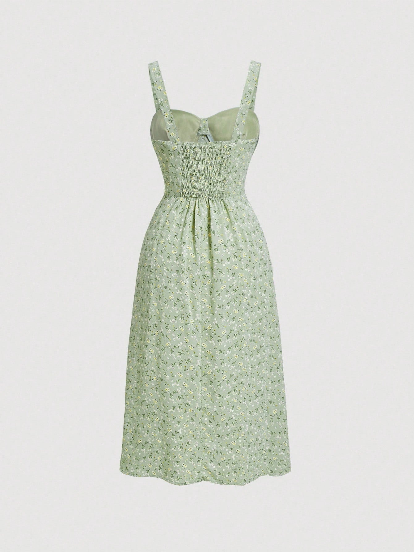 MOD Ditsy Floral Print Tie Front Ruched Bust Valentine Day Green Cami Dress,Summer Dresses For Women,Tea Party Dress,Pastel Dresses For Women