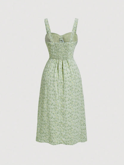 MOD Ditsy Floral Print Tie Front Ruched Bust Valentine Day Green Cami Dress,Summer Dresses For Women,Tea Party Dress,Pastel Dresses For Women