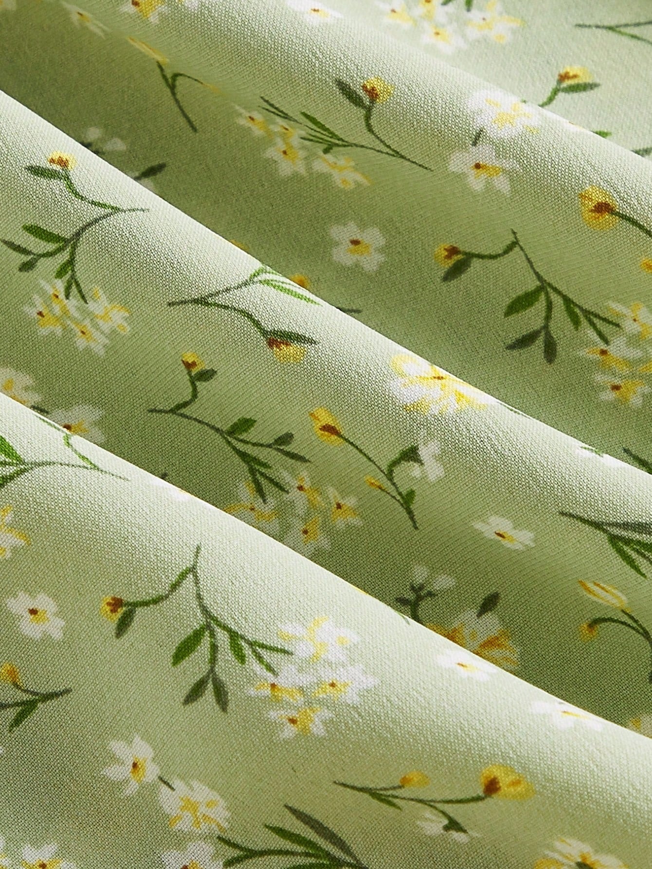 MOD Ditsy Floral Print Tie Front Ruched Bust Valentine Day Green Cami Dress,Summer Dresses For Women,Tea Party Dress,Pastel Dresses For Women