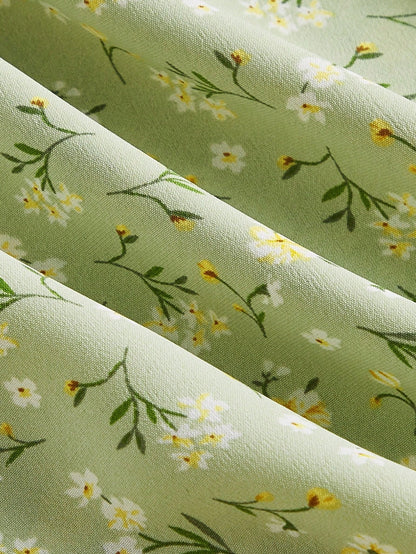 MOD Ditsy Floral Print Tie Front Ruched Bust Valentine Day Green Cami Dress,Summer Dresses For Women,Tea Party Dress,Pastel Dresses For Women