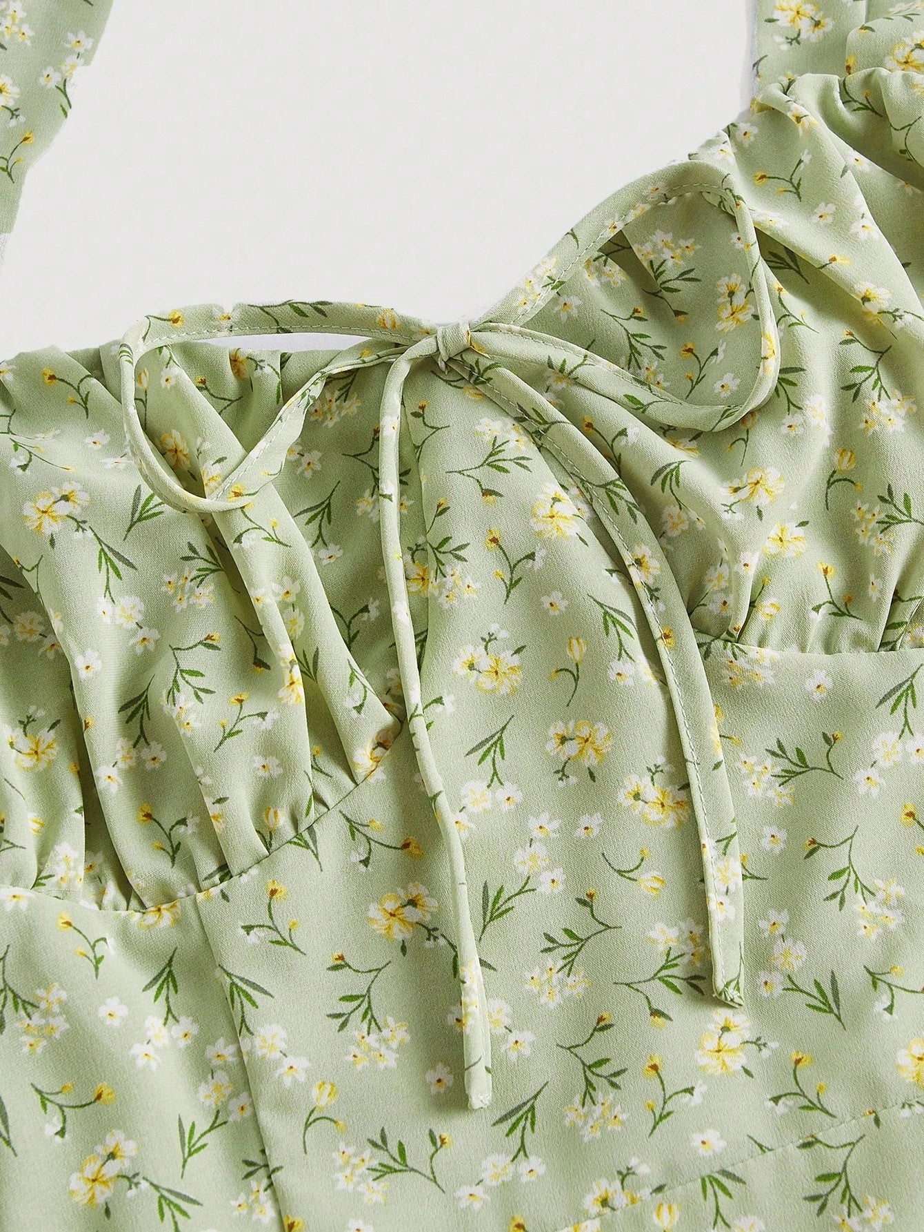 MOD Ditsy Floral Print Tie Front Ruched Bust Valentine Day Green Cami Dress,Summer Dresses For Women,Tea Party Dress,Pastel Dresses For Women