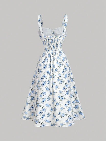 MOD Ditsy Floral Print Tie Front Ruched Bust Valentine Day Green Cami Dress,Summer Dresses For Women,Tea Party Dress,Pastel Dresses For Women