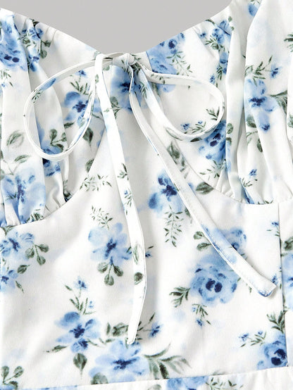 MOD Ditsy Floral Print Tie Front Ruched Bust Valentine Day Green Cami Dress,Summer Dresses For Women,Tea Party Dress,Pastel Dresses For Women