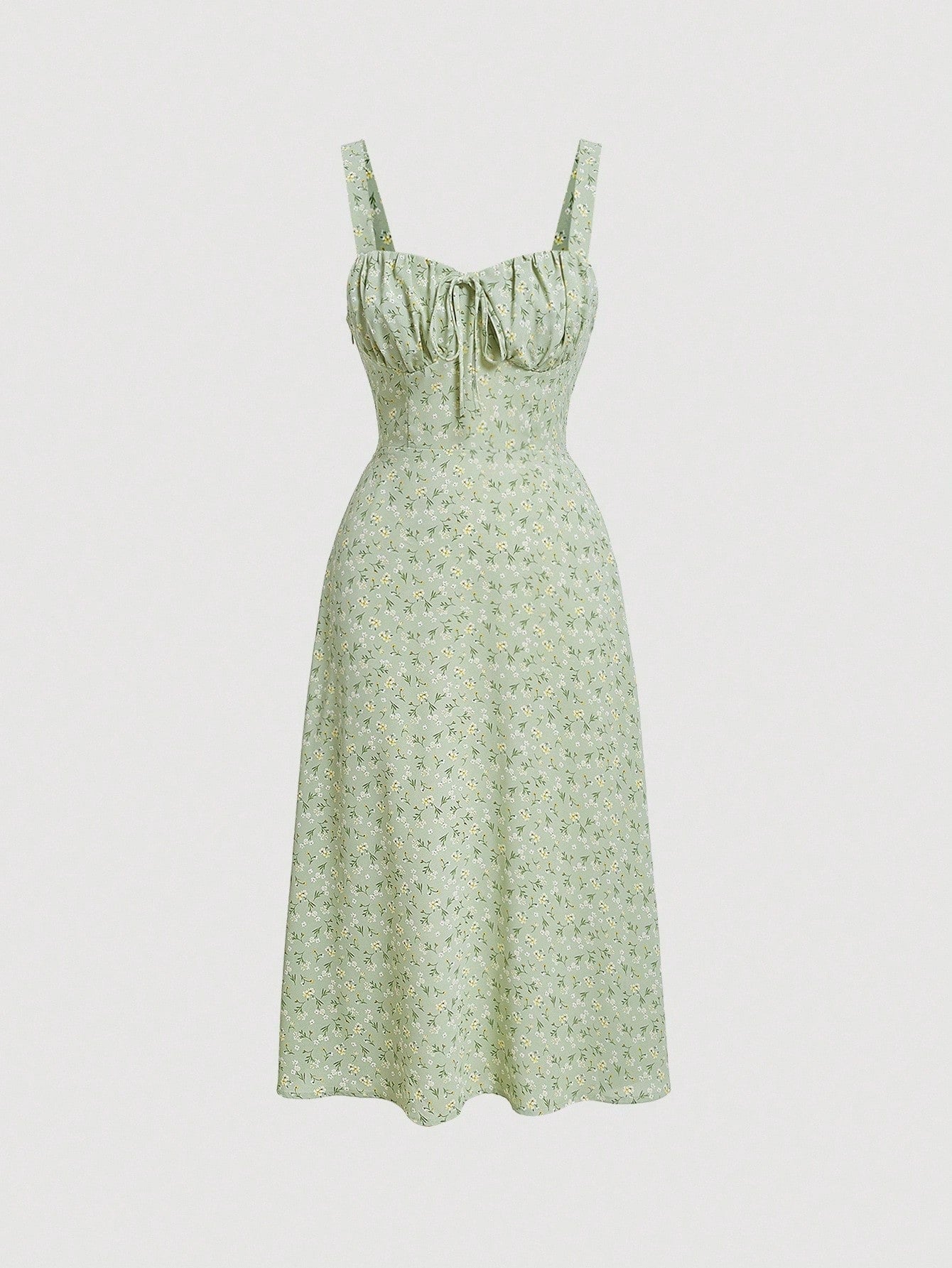 MOD Ditsy Floral Print Tie Front Ruched Bust Valentine Day Green Cami Dress,Summer Dresses For Women,Tea Party Dress,Pastel Dresses For Women
