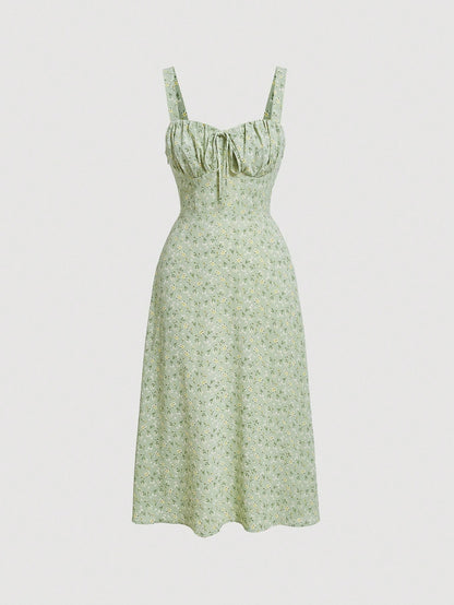 MOD Ditsy Floral Print Tie Front Ruched Bust Valentine Day Green Cami Dress,Summer Dresses For Women,Tea Party Dress,Pastel Dresses For Women