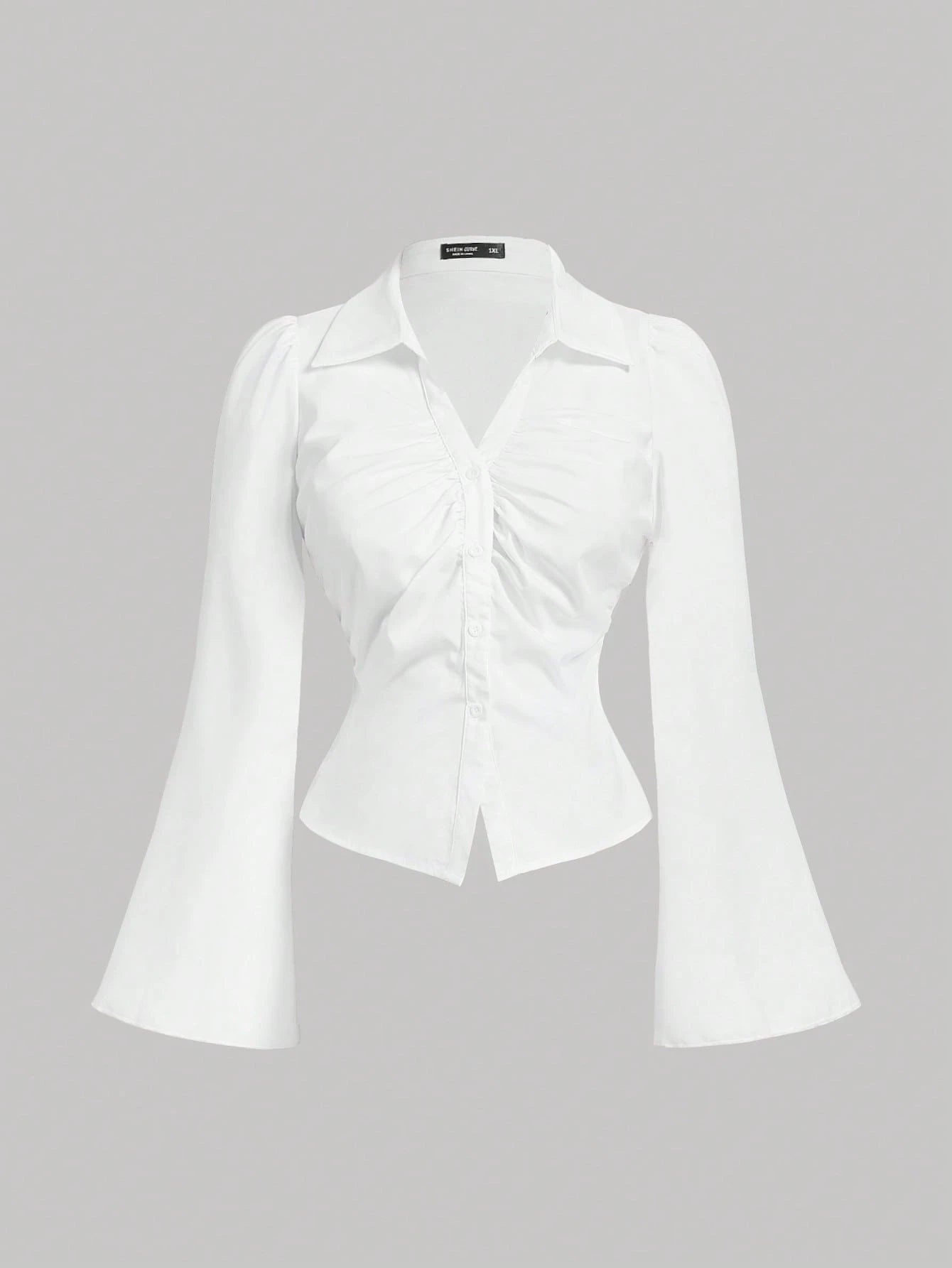 MOD Plus Size Women V-Collar Ruffle Flared Sleeve Blouse, Waist Cinched, Long Shirt, Clothes, Button Down Concert Airport Women's, New Year, Valentine