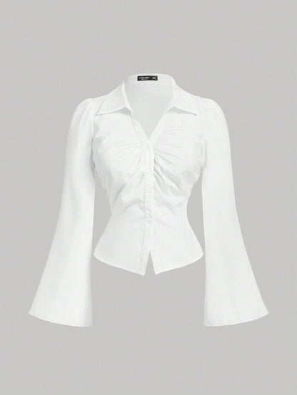 MOD Plus Size Women V-Collar Ruffle Flared Sleeve Blouse, Waist Cinched, Long Shirt, Clothes, Button Down Concert Airport Women's, New Year, Valentine
