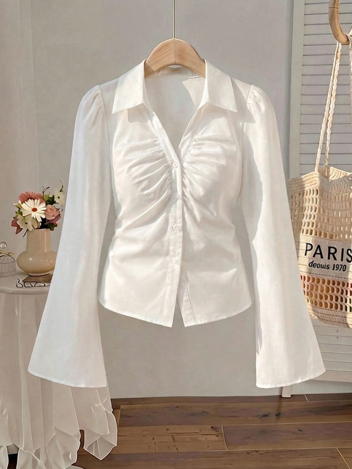 MOD Plus Size Women V-Collar Ruffle Flared Sleeve Blouse, Waist Cinched, Long Shirt, Clothes, Button Down Concert Airport Women's, New Year, Valentine