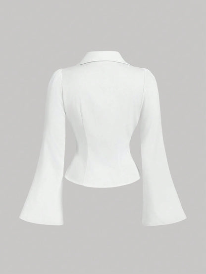 MOD Plus Size Women V-Collar Ruffle Flared Sleeve Blouse, Waist Cinched, Long Shirt, Clothes, Button Down Concert Airport Women's, New Year, Valentine