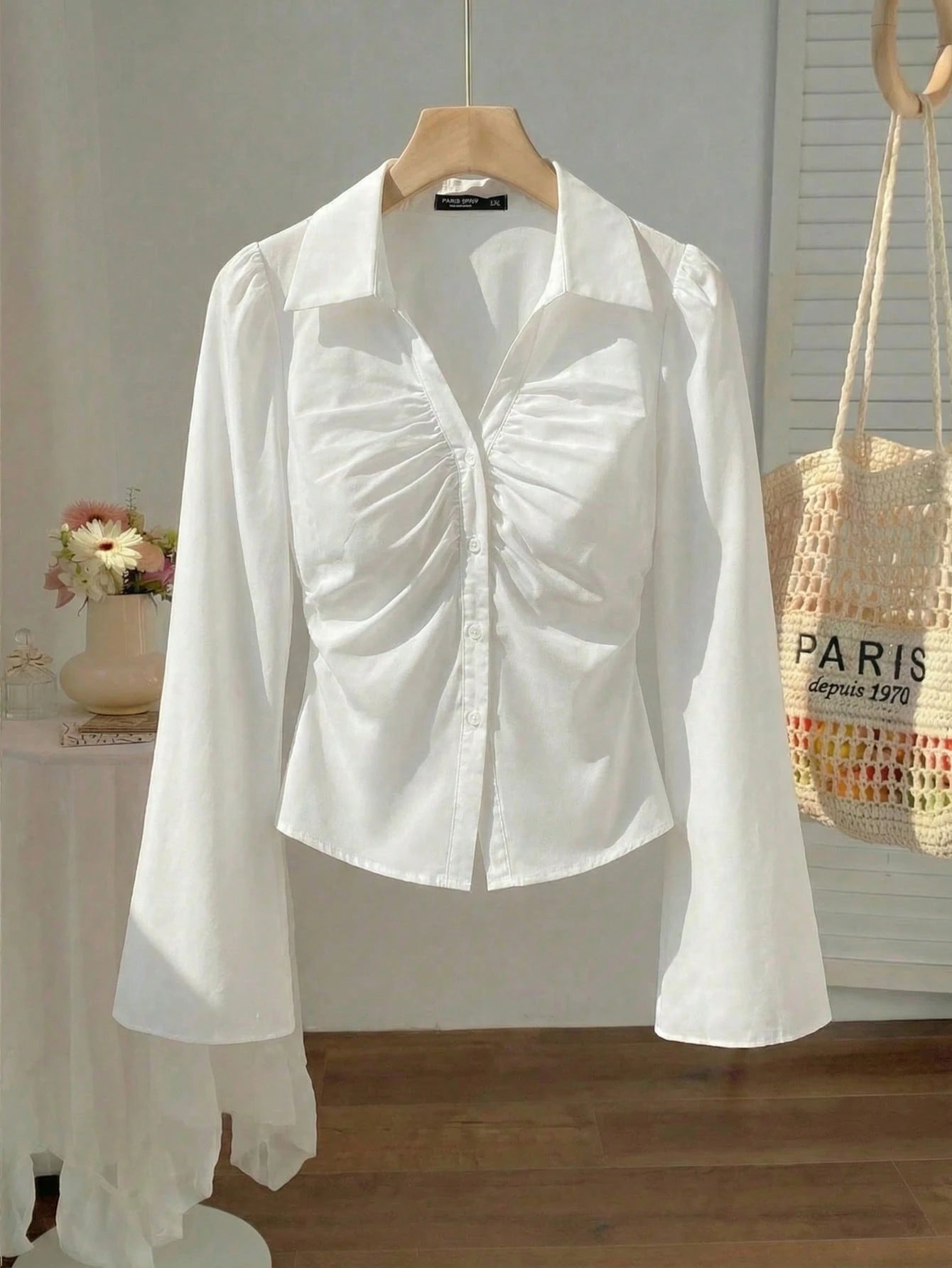 MOD Plus Size Women V-Collar Ruffle Flared Sleeve Blouse, Waist Cinched, Long Shirt, Clothes, Button Down Concert Airport Women's, New Year, Valentine