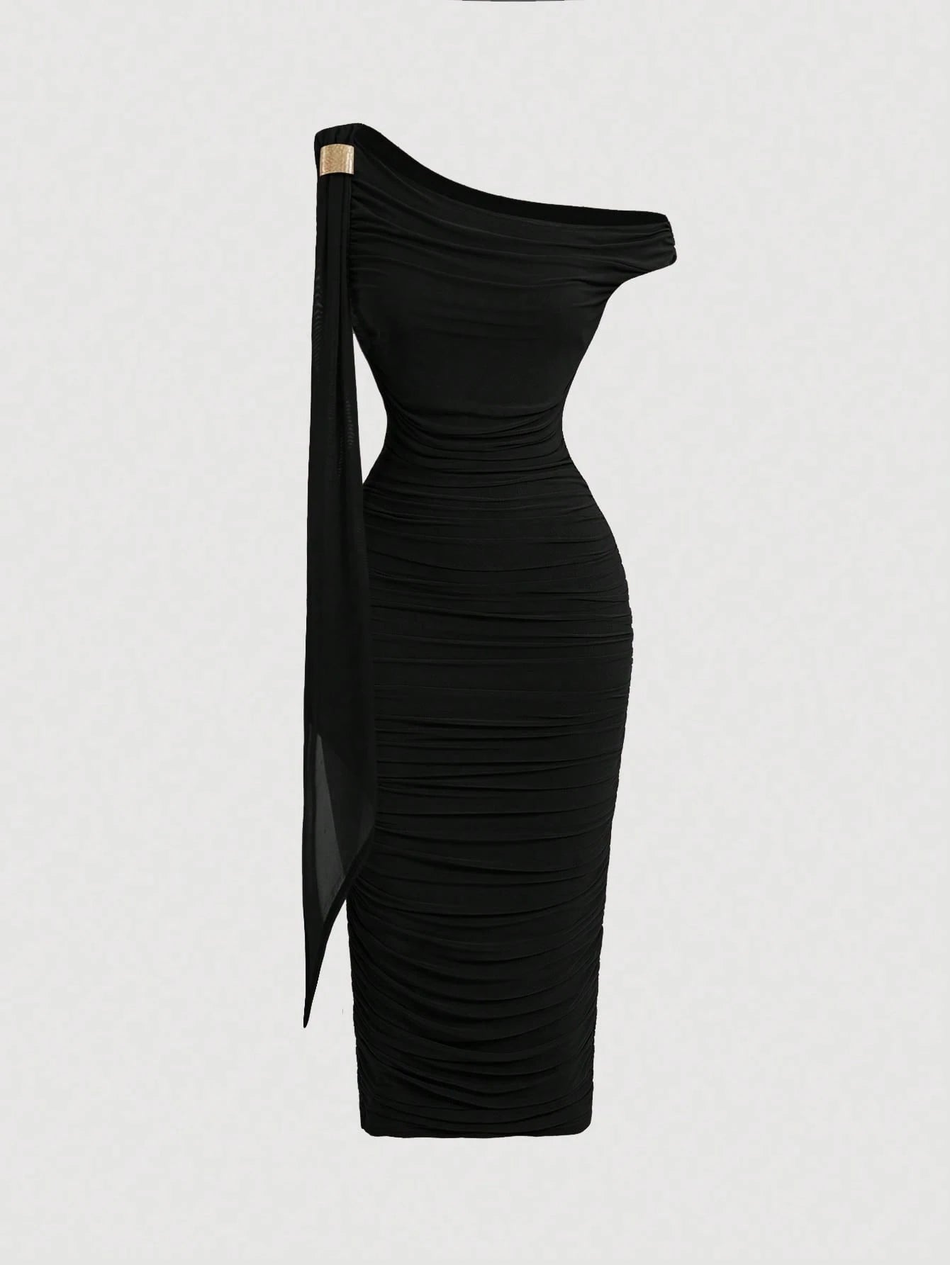 MOD Women's Black Gold Asymmetric Neck Ruched Slim Fit Elegant Sexy Mid-Length Bodycon Dress Seductive Summer Party Night Festive Formal Gown
