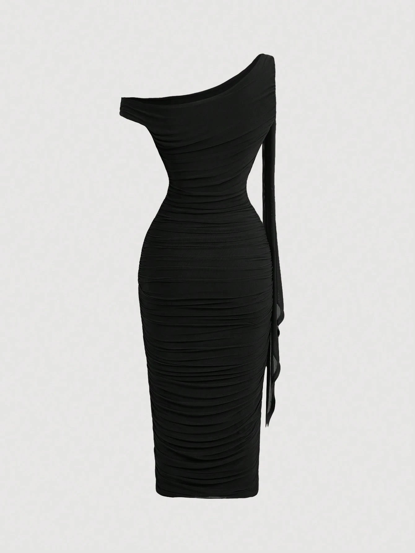 MOD Women's Black Gold Asymmetric Neck Ruched Slim Fit Elegant Sexy Mid-Length Bodycon Dress Seductive Summer Party Night Festive Formal Gown