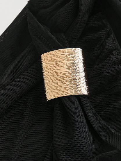 MOD Women's Black Gold Asymmetric Neck Ruched Slim Fit Elegant Sexy Mid-Length Bodycon Dress Seductive Summer Party Night Festive Formal Gown