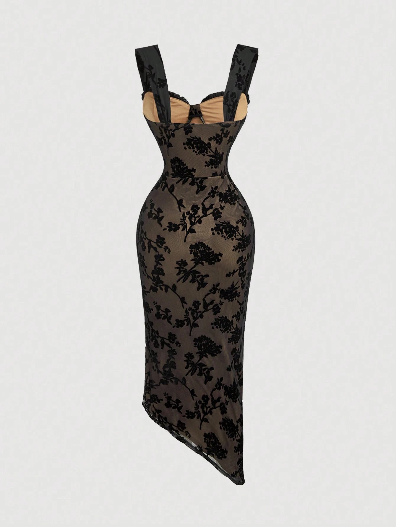 MOD Women's Elegant Floral Flocked Mesh Slit Dress,Black Homecoming Women Dress,Witch Dress,Vampire Dresses,Day Of The Dead Outfit,Goth
