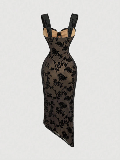 MOD Women's Elegant Floral Flocked Mesh Slit Dress,Black Homecoming Women Dress,Witch Dress,Vampire Dresses,Day Of The Dead Outfit,Goth