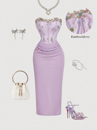 MOD Women's Elegant Romantic Floral Embroidered Patchwork Sleeveless Midi Dress, Lavender Summer Bar Party, Wedding, New Year Eve Retro Vintage