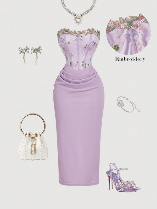 MOD Women's Elegant Romantic Floral Embroidered Patchwork Sleeveless Midi Dress, Lavender Summer Bar Party, Wedding, New Year Eve Retro Vintage