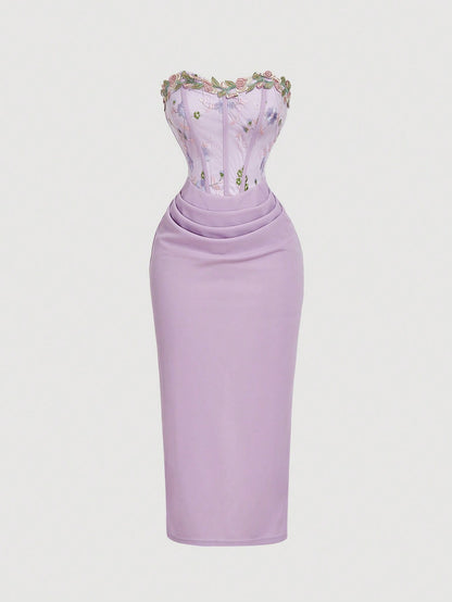 MOD Women's Elegant Romantic Floral Embroidered Patchwork Sleeveless Midi Dress, Lavender Summer Bar Party, Wedding, New Year Eve Retro Vintage