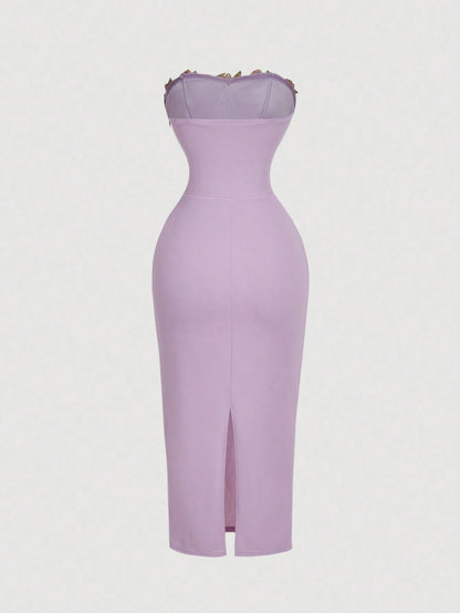 MOD Women's Elegant Romantic Floral Embroidered Patchwork Sleeveless Midi Dress, Lavender Summer Bar Party, Wedding, New Year Eve Retro Vintage