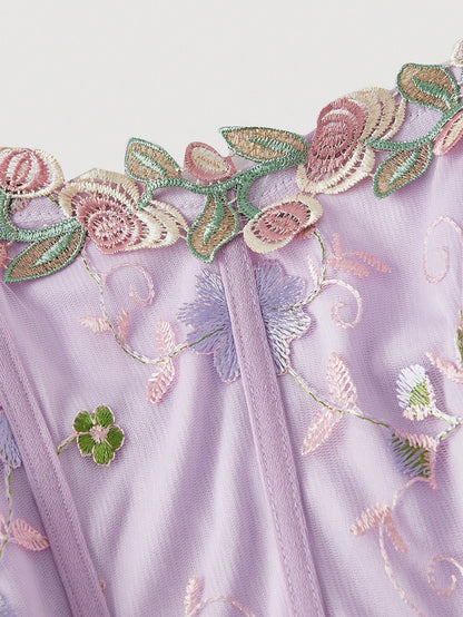 MOD Women's Elegant Romantic Floral Embroidered Patchwork Sleeveless Midi Dress, Lavender Summer Bar Party, Wedding, New Year Eve Retro Vintage