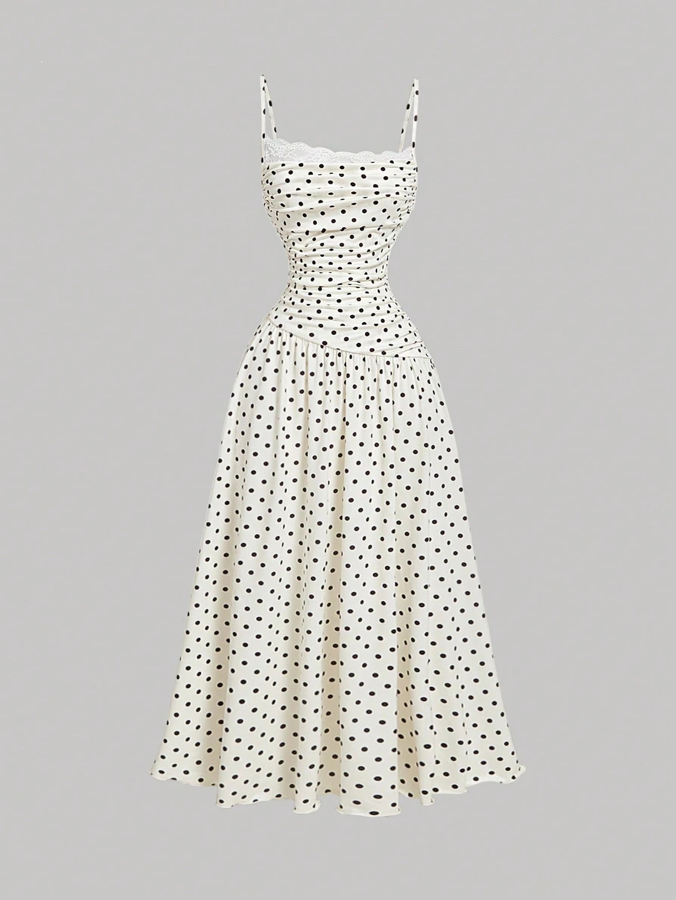 MOD Women's Elegant Romantic Vintage Old Money Lace Trim Long Dress, New Year Eve Party Vacation Clothes, White With Black Polka Dots, Formal, Summer
