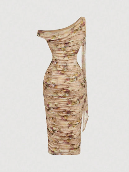 MOD Women's Elegant Vintage Floral Print Asymmetric Neck Ruched Fitted Mid-Length One Shoulder Dress Beige Summer Dining Birthday Formal Wedding