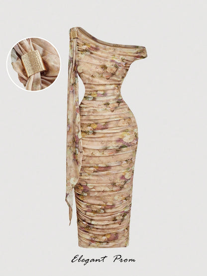 MOD Women's Elegant Vintage Floral Print Asymmetric Neck Ruched Fitted Mid-Length One Shoulder Dress Beige Summer Dining Birthday Formal Wedding