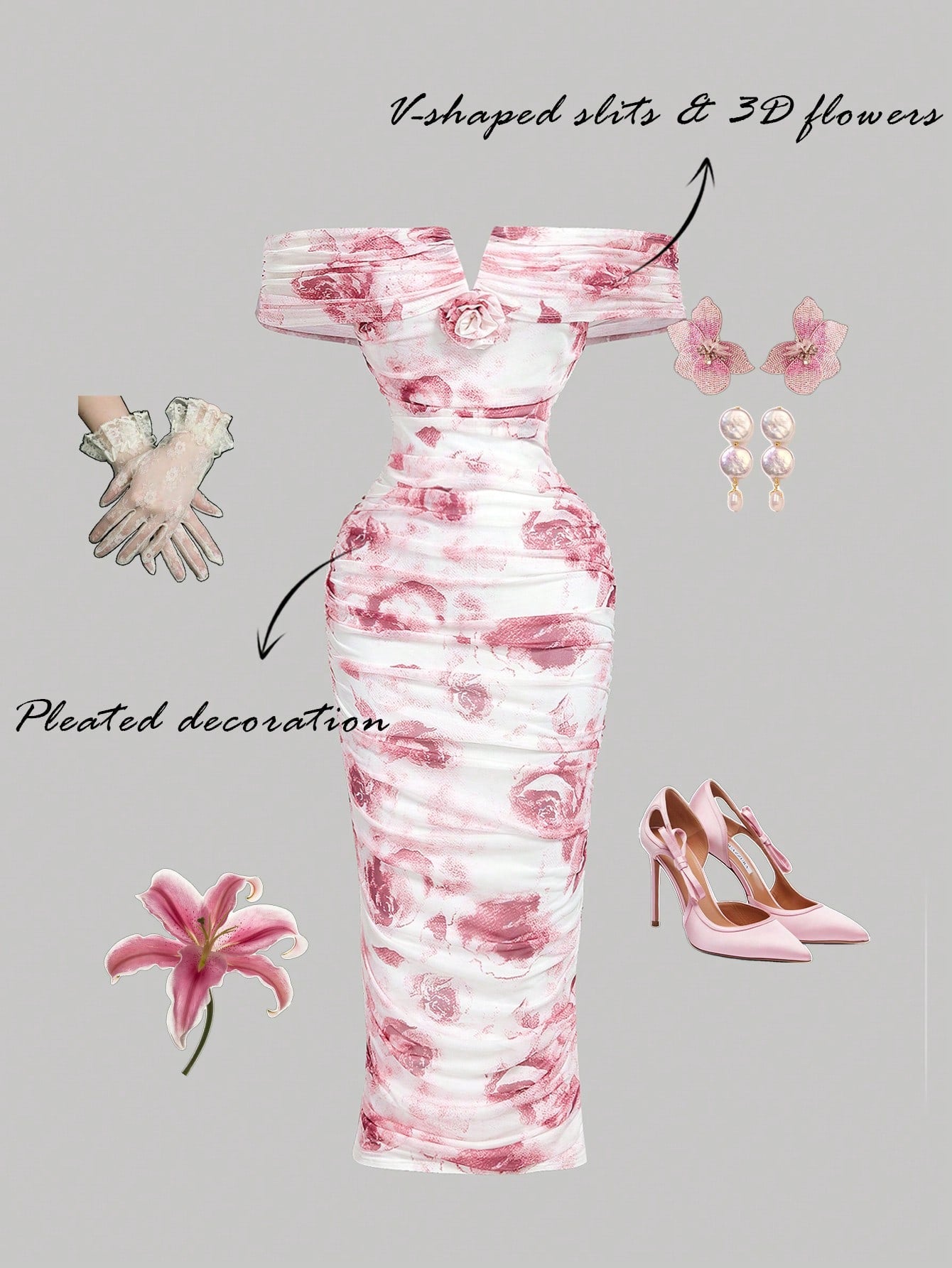 MOD Women's Pink White Summer Elegant Romantic Wedding Dinner Date Bride Bachelorette Ninang Off-Shoulder Ruched Midi Dress 3D Floral Ombre Rose Pattern