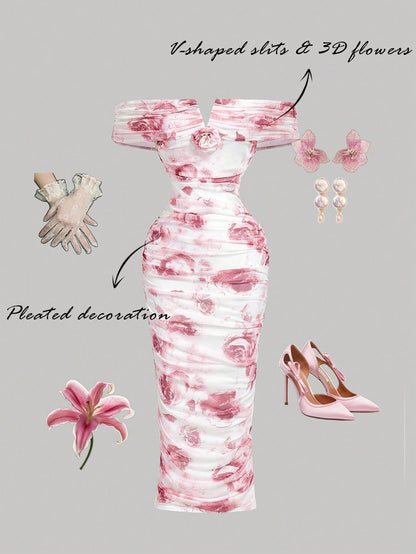 MOD Women's Pink White Summer Elegant Romantic Wedding Dinner Date Bride Bachelorette Ninang Off-Shoulder Ruched Midi Dress 3D Floral Ombre Rose Pattern