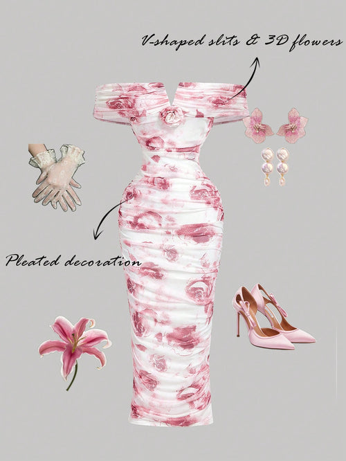 MOD Women's Pink White Summer Elegant Romantic Wedding Dinner Date Bride Bachelorette Ninang Off-Shoulder Ruched Midi Dress 3D Floral Ombre Rose Pattern