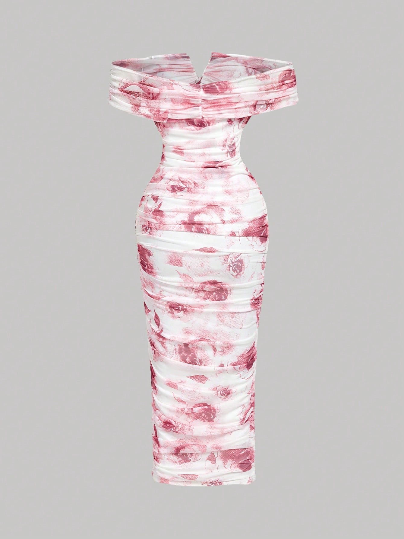 MOD Women's Pink White Summer Elegant Romantic Wedding Dinner Date Bride Bachelorette Ninang Off-Shoulder Ruched Midi Dress 3D Floral Ombre Rose Pattern
