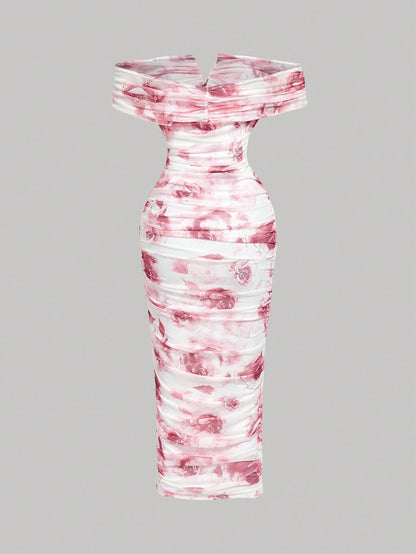 MOD Women's Pink White Summer Elegant Romantic Wedding Dinner Date Bride Bachelorette Ninang Off-Shoulder Ruched Midi Dress 3D Floral Ombre Rose Pattern