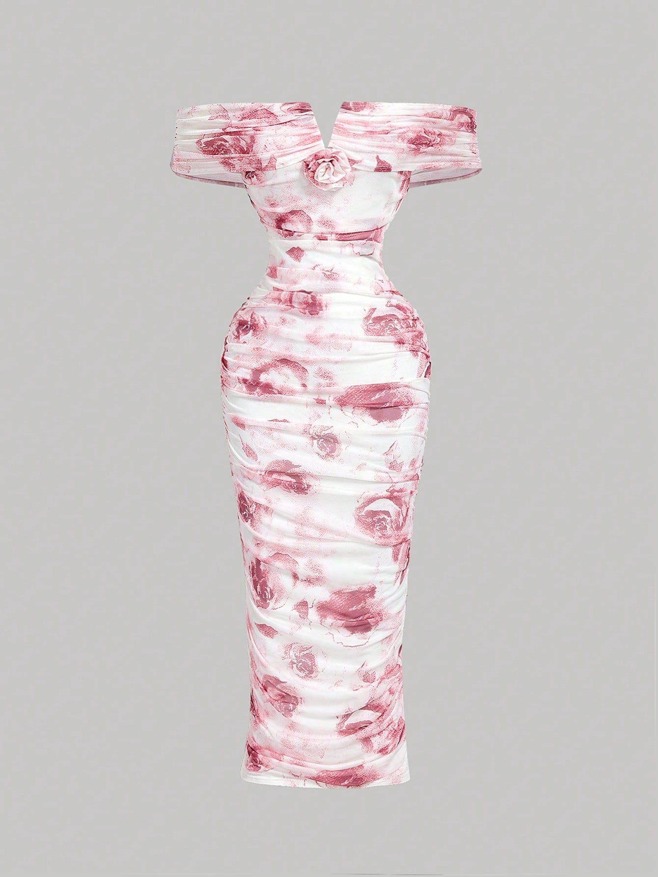 MOD Women's Pink White Summer Elegant Romantic Wedding Dinner Date Bride Bachelorette Ninang Off-Shoulder Ruched Midi Dress 3D Floral Ombre Rose Pattern