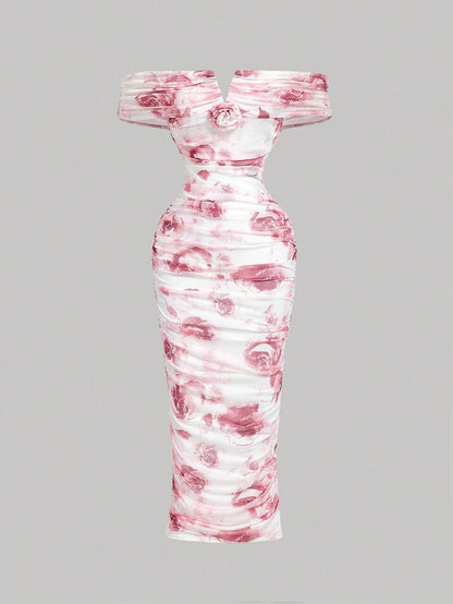MOD Women's Pink White Summer Elegant Romantic Wedding Dinner Date Bride Bachelorette Ninang Off-Shoulder Ruched Midi Dress 3D Floral Ombre Rose Pattern