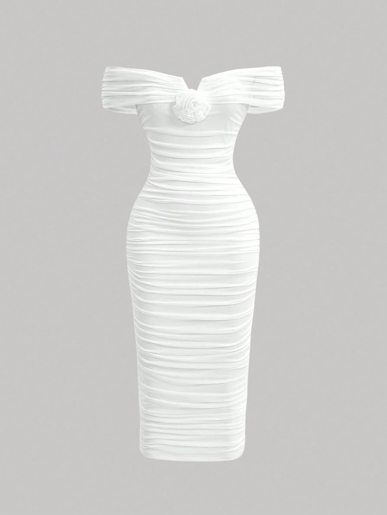 MOD Women's Pink White Summer Elegant Romantic Wedding Dinner Date Bride Bachelorette Ninang Off-Shoulder Ruched Midi Dress 3D Floral Ombre Rose Pattern