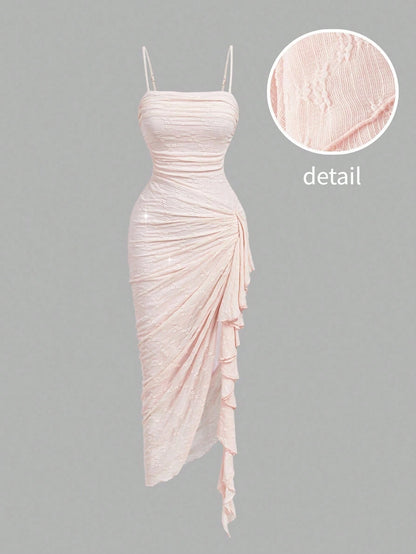 MOD Women's Pleated Side Patchwork Ruffle Elegant Spaghetti Strap Midi Dress