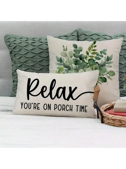 Modern Linen Throw Pillow Cover- "Relax, Enjoy Porch Time" Text, Woven Farmhouse Style Lumbar Pillow Sham With Zipper Closure, Suitable For Sofa, Lounge Chair And Various Rooms- Machine Washable, Au
