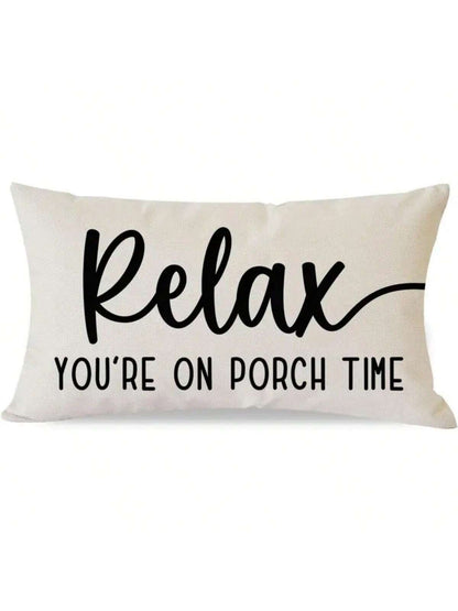 Modern Linen Throw Pillow Cover- "Relax, Enjoy Porch Time" Text, Woven Farmhouse Style Lumbar Pillow Sham With Zipper Closure, Suitable For Sofa, Lounge Chair And Various Rooms- Machine Washable, Au