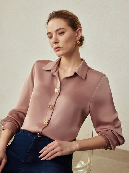 MOTF PREMIUM ELEGANT SATIN DECORATIVE BUTTONS SHIRT, SPRING/SUMMER