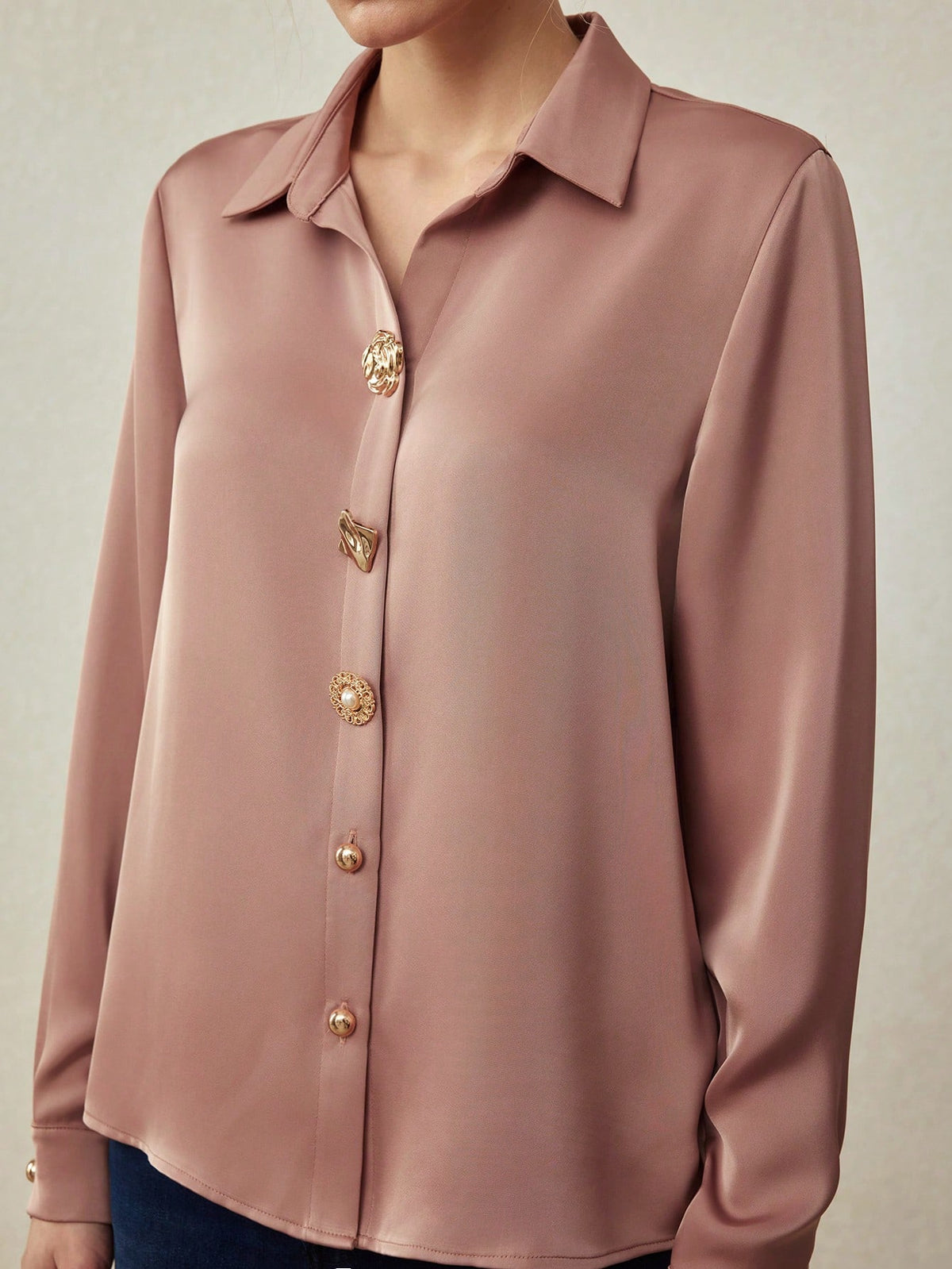 MOTF PREMIUM ELEGANT SATIN DECORATIVE BUTTONS SHIRT, SPRING/SUMMER