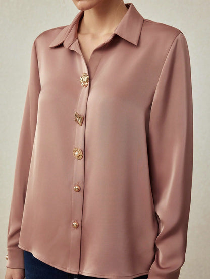 MOTF PREMIUM ELEGANT SATIN DECORATIVE BUTTONS SHIRT, SPRING/SUMMER