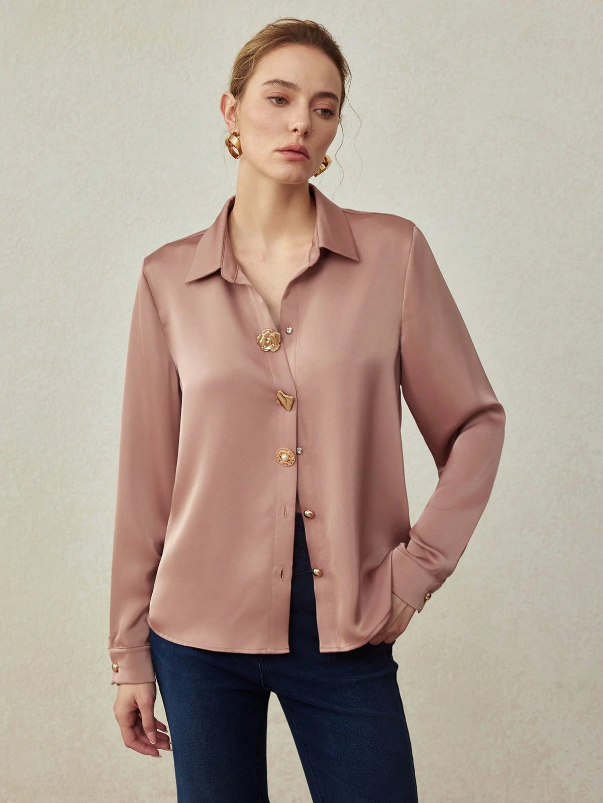 MOTF PREMIUM ELEGANT SATIN DECORATIVE BUTTONS SHIRT, SPRING/SUMMER