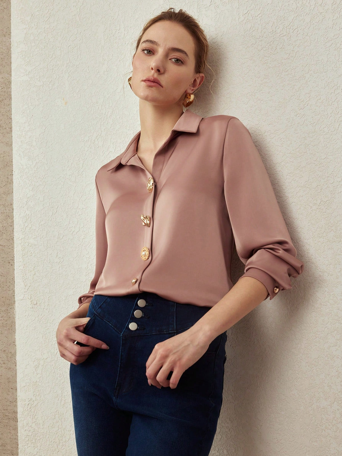 MOTF PREMIUM ELEGANT SATIN DECORATIVE BUTTONS SHIRT, SPRING/SUMMER